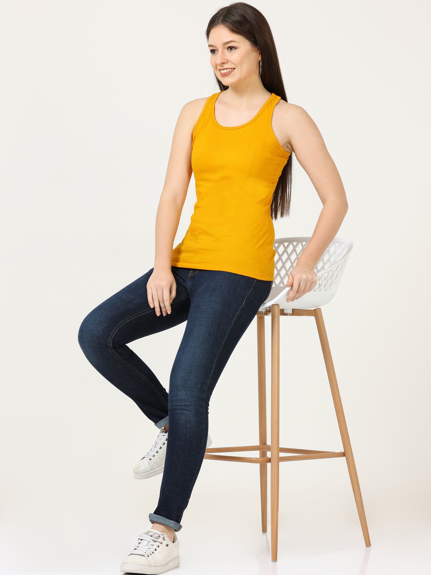 Women's Cotton Plain Sleeveless Mustard Yellow Color Top