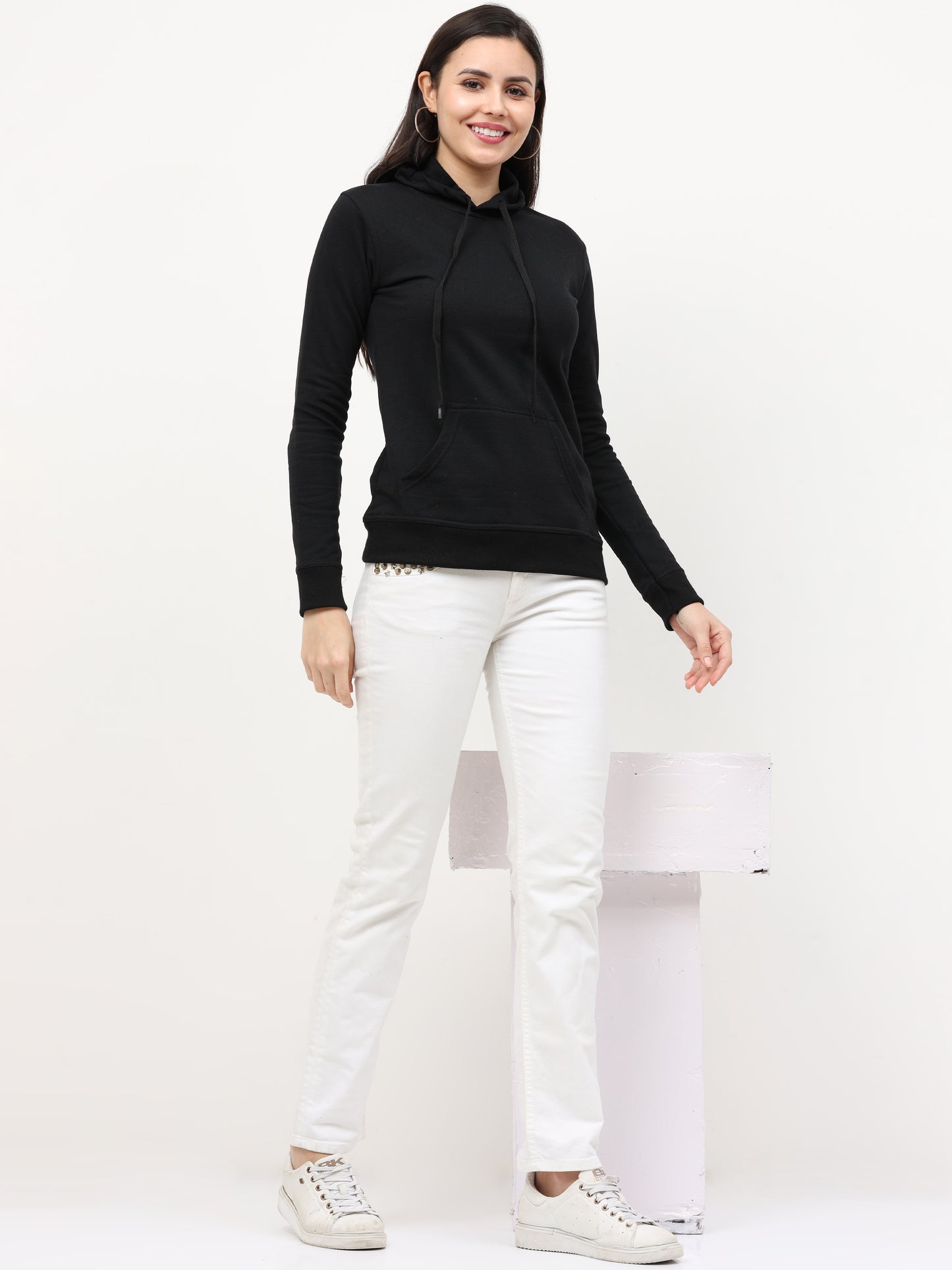 Women's Cotton Plain Black Color Sweatshirt Hoodies