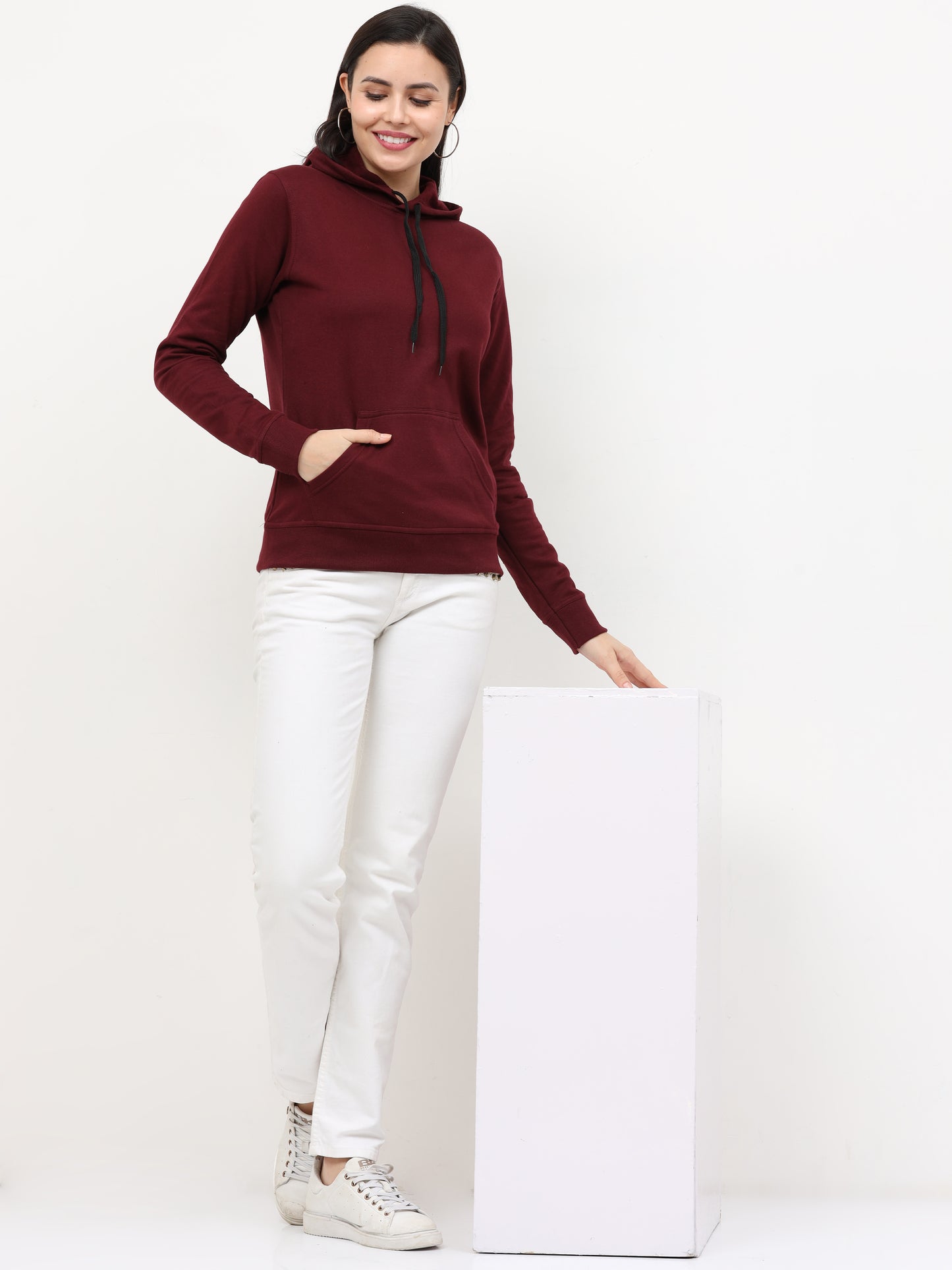 Women's Cotton Plain Maroon Color Sweatshirt Hoodies