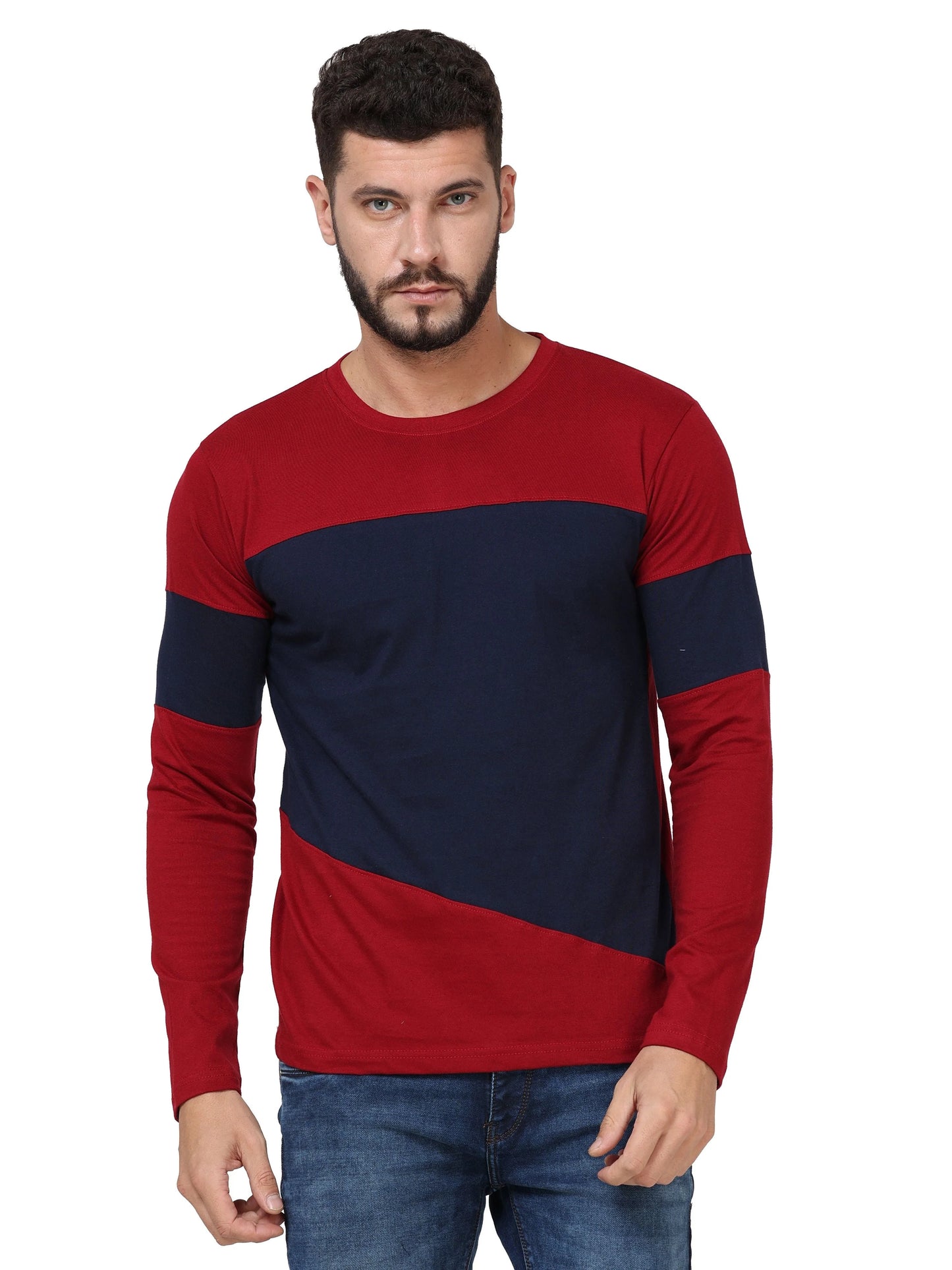 Men's Cotton Round Neck Color Block Full Sleeve T-Shirt