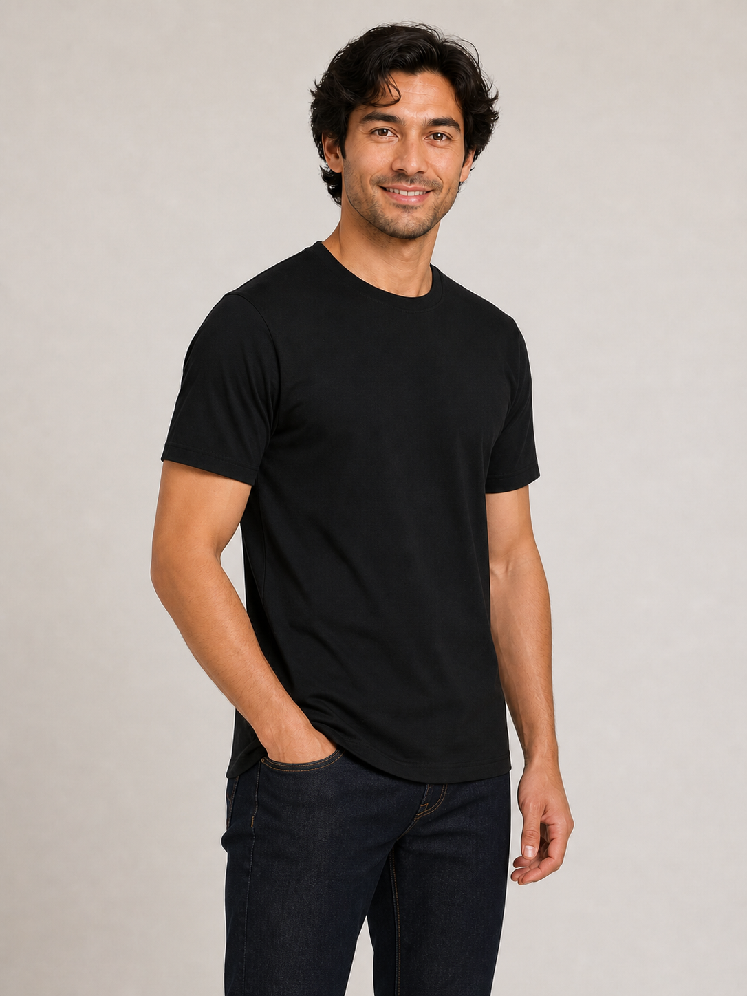 Fleximaa Men's Plain Round Neck Half Sleeve T-Shirt - Black - Three-quarter / side