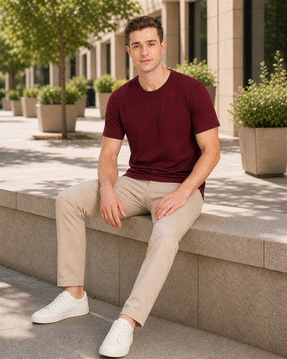 Fleximaa Men's Plain Round Neck Half Sleeve T-Shirt in Maroon - lifestyle view