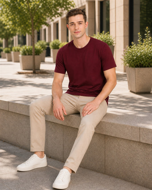 Fleximaa Men's Plain Round Neck Half Sleeve T-Shirt in Maroon - lifestyle view