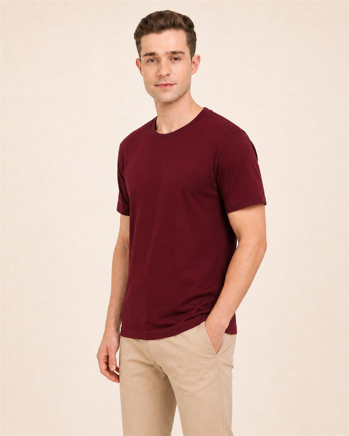 Fleximaa Men's Plain Round Neck Half Sleeve T-Shirt in Maroon - side view