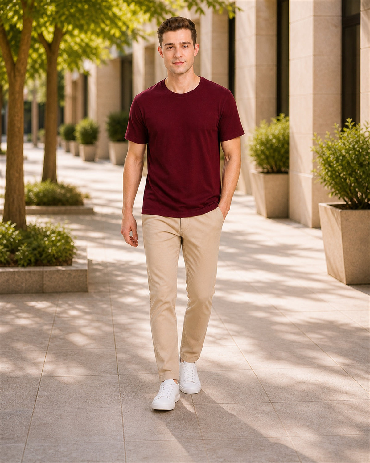 Fleximaa Men's Plain Round Neck Half Sleeve T-Shirt in Maroon - full-length summer styling