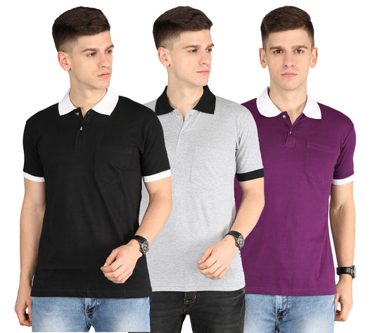 Men's Cotton Polo Neck Half Sleeve Opposite Collar Cuff T-Shirt - (Pack of 3)