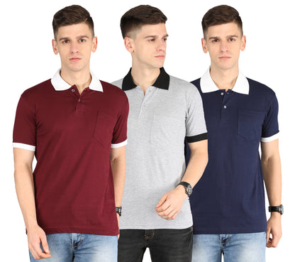 Men's Cotton Polo Neck Half Sleeve Opposite Collar Cuff T-Shirt - (Pack of 3)