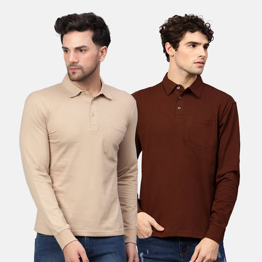 Men's Cotton Plain Polo Neck Full Sleeve T-Shirt ( Pack of 2)