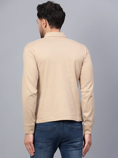 Men's Cotton Plain Polo Neck Full Sleeve Biscuit Color T-Shirt