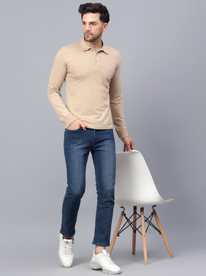 Men's Cotton Plain Polo Neck Full Sleeve Biscuit Color T-Shirt