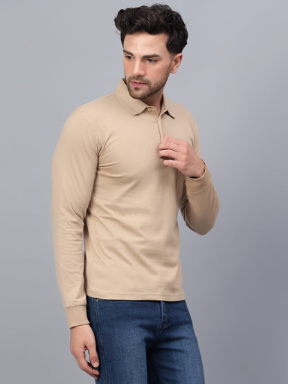 Men's Cotton Plain Polo Neck Full Sleeve Biscuit Color T-Shirt