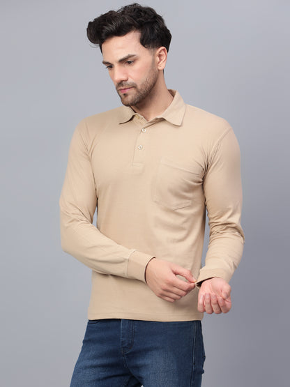 Men's Cotton Plain Polo Neck Full Sleeve Biscuit Color T-Shirt
