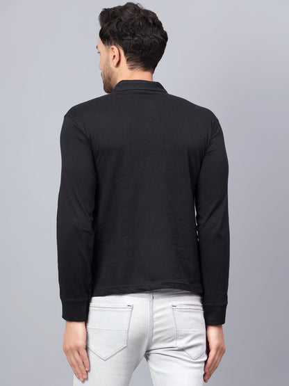 Men's Cotton Plain Polo Neck Full Sleeve Black Color T-Shirt - front view
