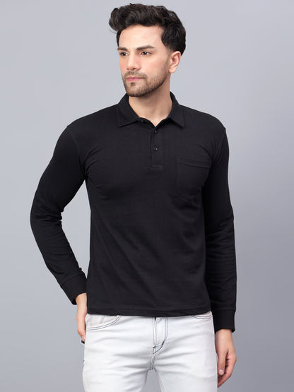 Men's Cotton Plain Polo Neck Full Sleeve Black Color T-Shirt - front view