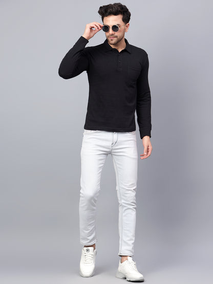 Men's Cotton Plain Polo Neck Full Sleeve Black Color T-Shirt - back view