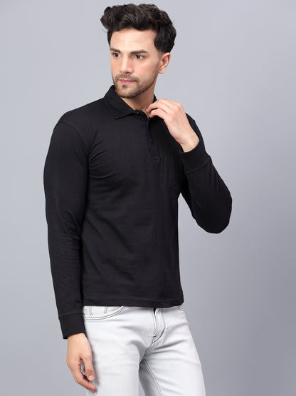 Men's Cotton Plain Polo Neck Full Sleeve Black Color T-Shirt - full view