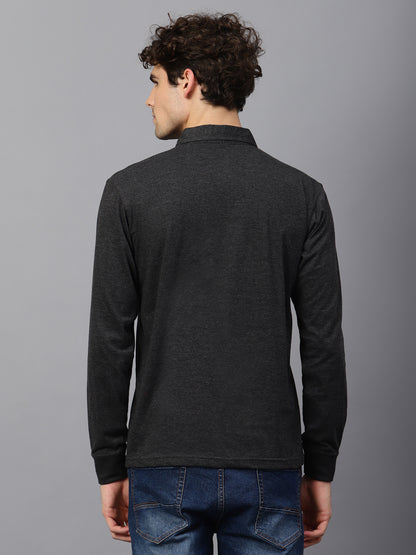 Men's Cotton Plain Polo Neck Full Sleeve Charcoal Melange Color T-Shirt - back view