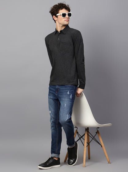 Men's Cotton Plain Polo Neck Full Sleeve Charcoal Melange Color T-Shirt - full view