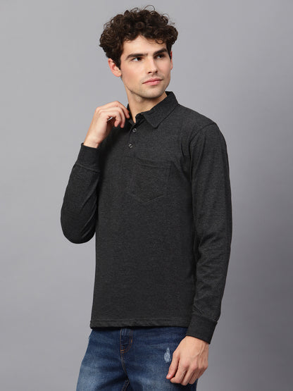 Men's Cotton Plain Polo Neck Full Sleeve Charcoal Melange Color T-Shirt - side view