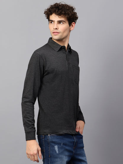 Men's Cotton Plain Polo Neck Full Sleeve Charcoal Melange Color T-Shirt - front view