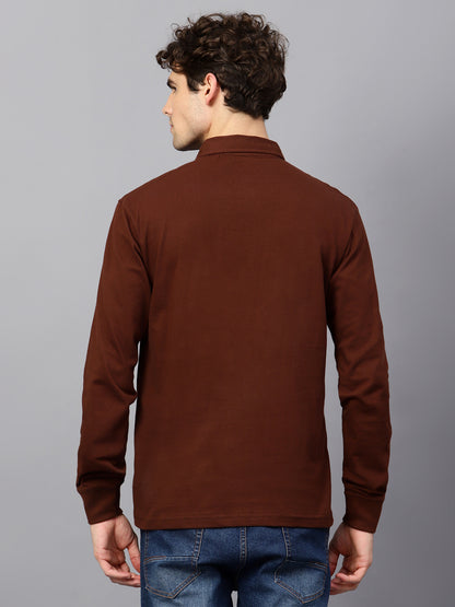 Men's Cotton Plain Polo Neck Full Sleeve Coffee Brown Color T-Shirt - back view