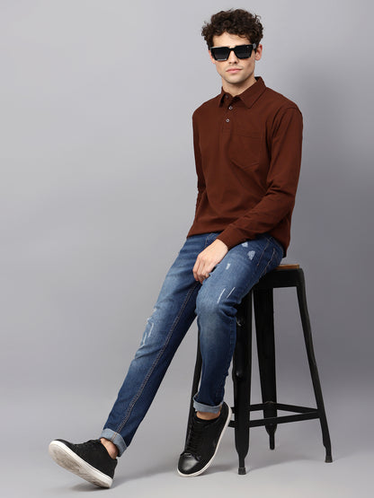 Men's Cotton Plain Polo Neck Full Sleeve Coffee Brown Color T-Shirt - full view