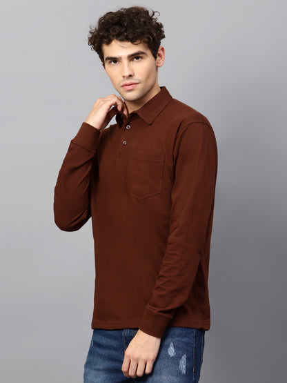 Men's Cotton Plain Polo Neck Full Sleeve Coffee Brown Color T-Shirt - side view
