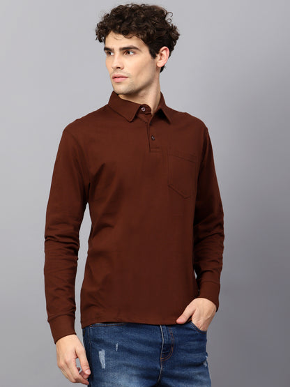 Men's Cotton Plain Polo Neck Full Sleeve Coffee Brown Color T-Shirt - front view