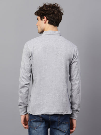 Men's Cotton Plain Polo Neck Full Sleeve Grey Melange Color T-Shirt - back view