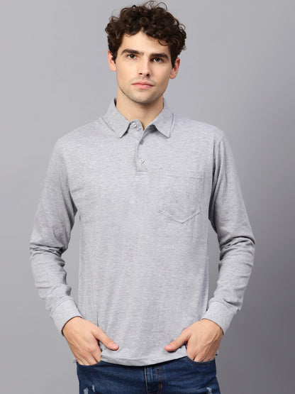 Men's Cotton Plain Polo Neck Full Sleeve Grey Melange Color T-Shirt - front view