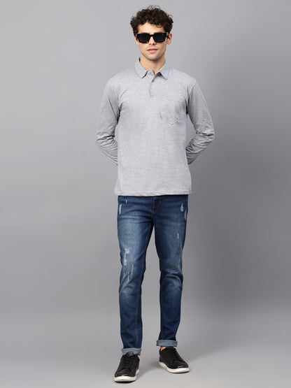 Men's Cotton Plain Polo Neck Full Sleeve Grey Melange Color T-Shirt - full view
