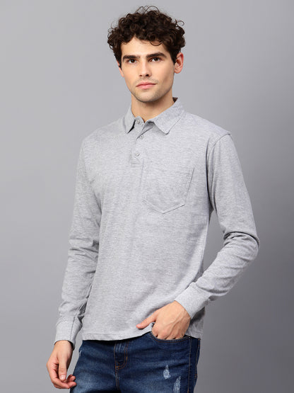Men's Cotton Plain Polo Neck Full Sleeve Grey Melange Color T-Shirt - side view