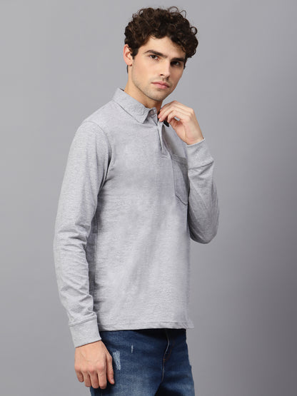 Men's Cotton Plain Polo Neck Full Sleeve Grey Melange Color T-Shirt - front view