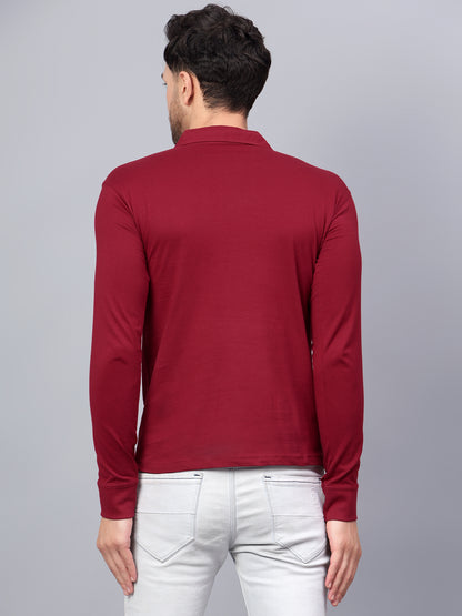 Men's Cotton Plain Polo Neck Full Sleeve Maroon Color T-Shirt - side view