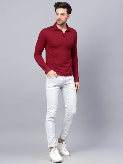 Men's Cotton Plain Polo Neck Full Sleeve Maroon Color T-Shirt - full view
