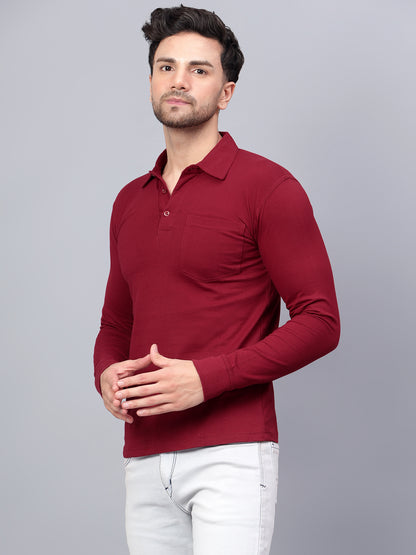 Men's Cotton Plain Polo Neck Full Sleeve Maroon Color T-Shirt - front view