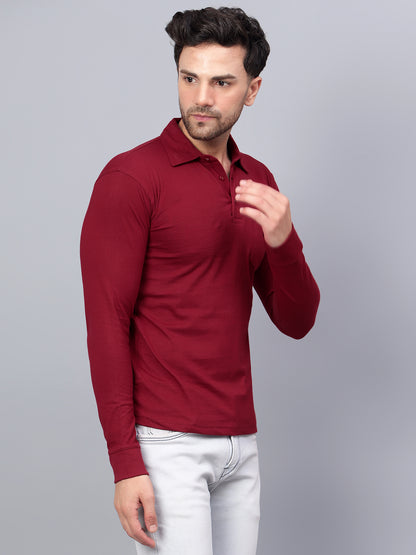 Men's Cotton Plain Polo Neck Full Sleeve Maroon Color T-Shirt - back view