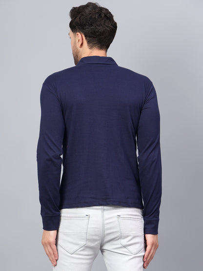 Men's Cotton Plain Polo Neck Full Sleeve Navy Blue Color T-Shirt - side view