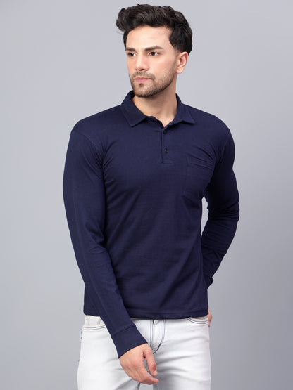 Men's Cotton Plain Polo Neck Full Sleeve Navy Blue Color T-Shirt - front view