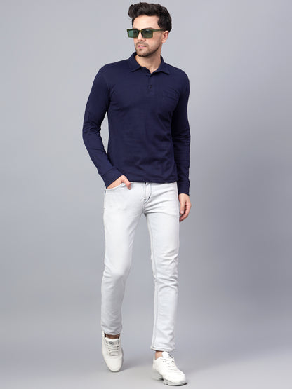 Men's Cotton Plain Polo Neck Full Sleeve Navy Blue Color T-Shirt - full view