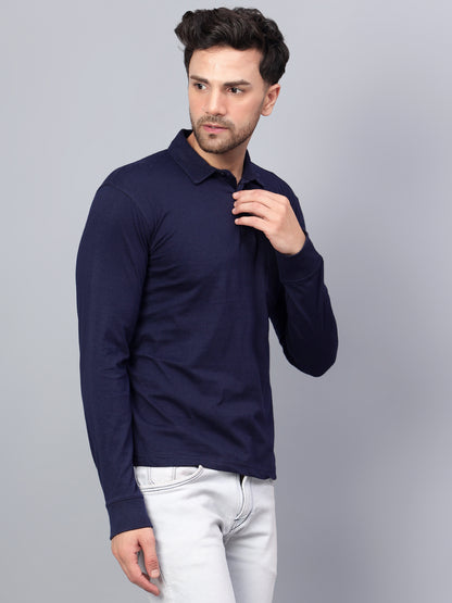 Men's Cotton Plain Polo Neck Full Sleeve Navy Blue Color T-Shirt - back view