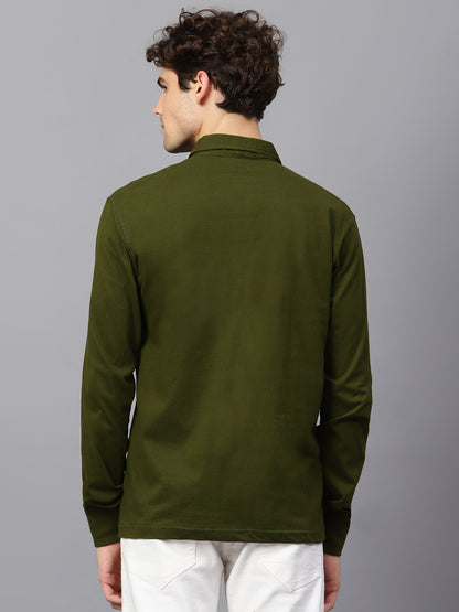 Men's Cotton Plain Polo Neck Full Sleeve Olive Green Color T-Shirt - back view