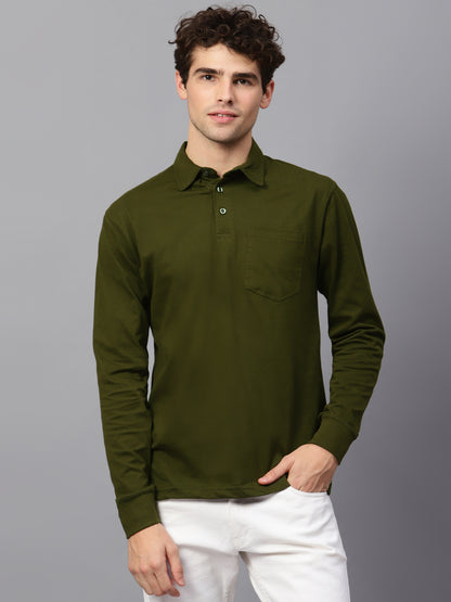 Men's Cotton Plain Polo Neck Full Sleeve Olive Green Color T-Shirt - front view