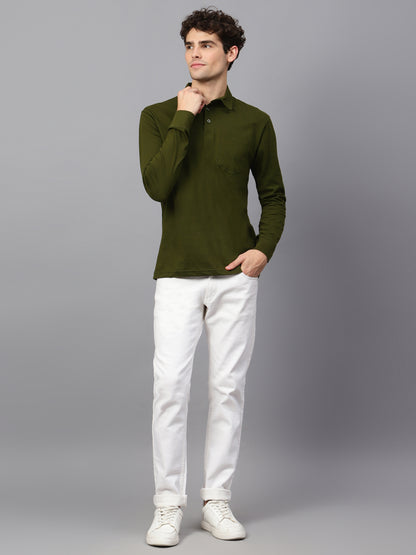 Men's Cotton Plain Polo Neck Full Sleeve Olive Green Color T-Shirt - full view