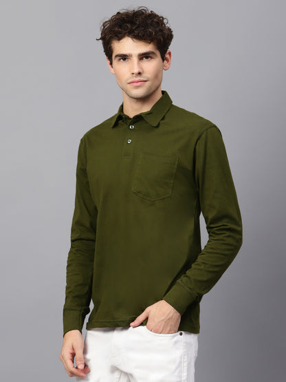 Men's Cotton Plain Polo Neck Full Sleeve Olive Green Color T-Shirt - side view