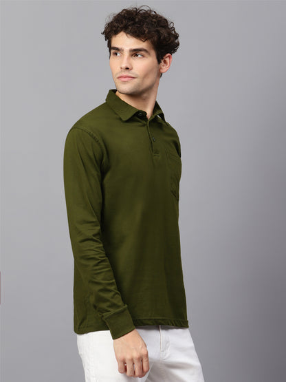 Men's Cotton Plain Polo Neck Full Sleeve Olive Green Color T-Shirt - front view