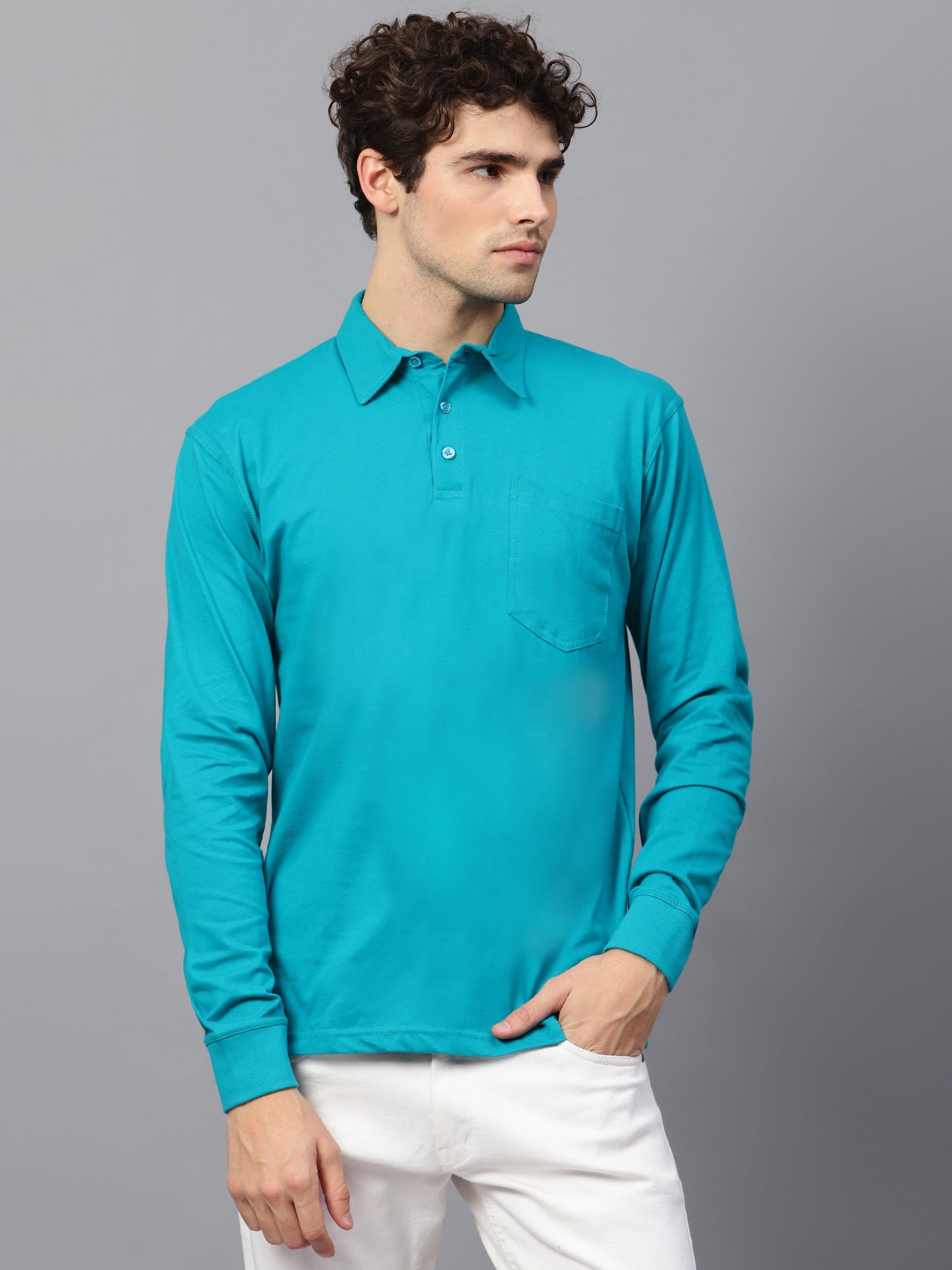 Men's Cotton Plain Polo Neck Full Sleeve T-Shirt