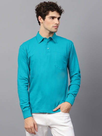 Men's Cotton Plain Polo Neck Full Sleeve Shade Green Color T-Shirt - front view