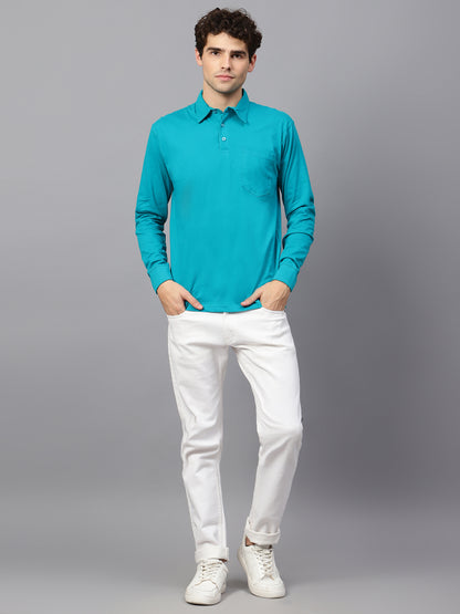 Men's Cotton Plain Polo Neck Full Sleeve Shade Green Color T-Shirt - back view