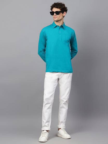 Men's Cotton Plain Polo Neck Full Sleeve Shade Green Color T-Shirt - full view